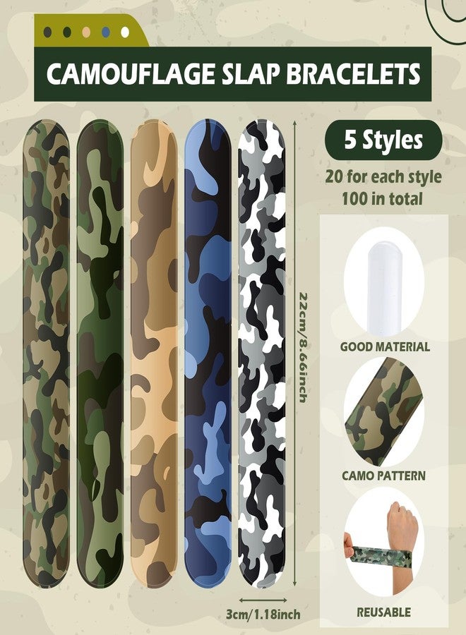 PullCrease 100 Pcs Kids Camo Slap Bracelets 5 Styles Assorted Army Slap Wristbands Snap Bracelets Green Camouflage Military for Camo Theme Kids Adult Army Party Birthday Classroom Prizes Birthday Gift - Image 2